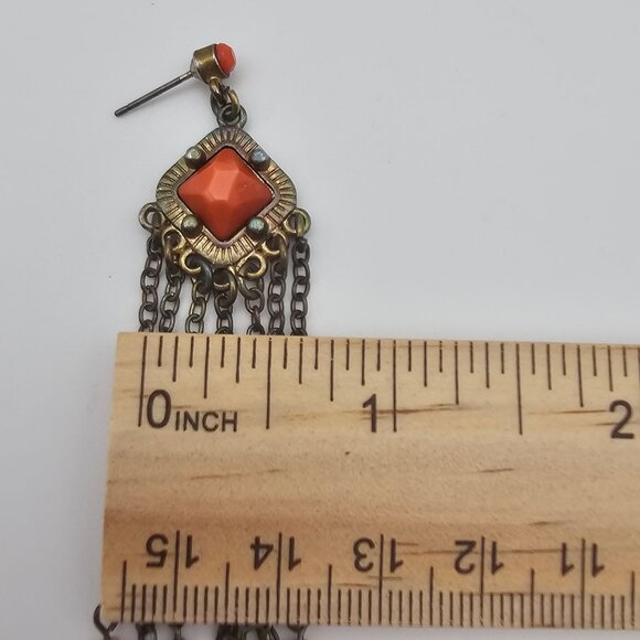 Beaded Orange Dangle Drop Brass Tone Hippie Boho Gypsy Tassel Rustic Earrings - Picture 10 of 10